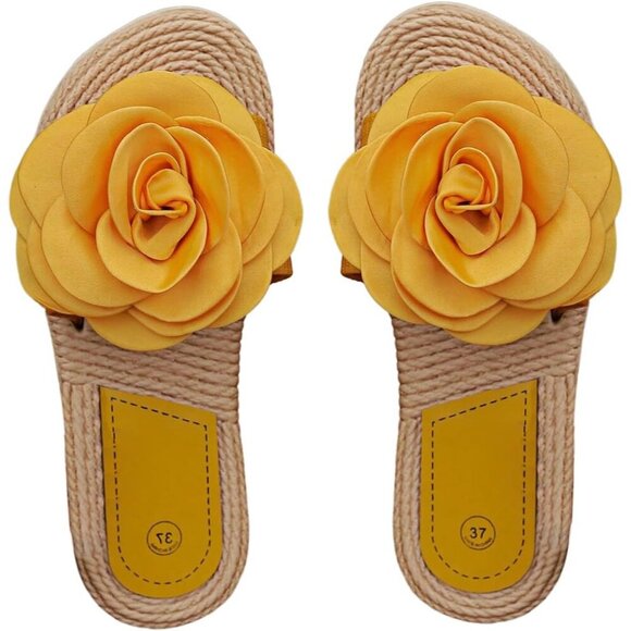 Shoes - Women's Yellow Floral Straw Slip On Slide Beach Vacation Flat Sandals Shoes